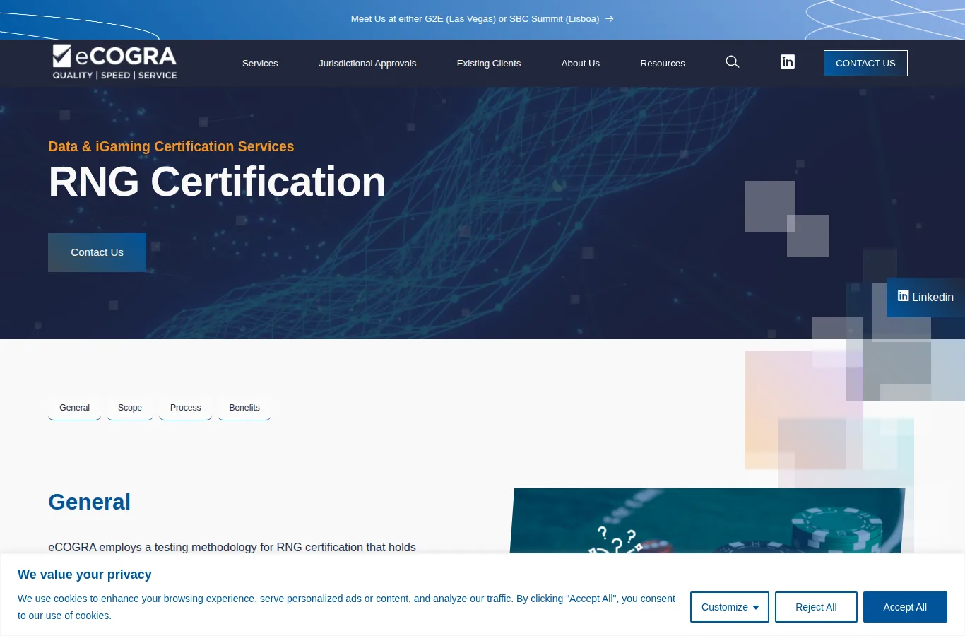 eCOGRA official website page describing its RNG certification service