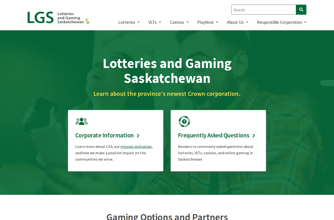 Lotteries and Gaming Saskatchewan official homepage naming itself the province's gaming regulator