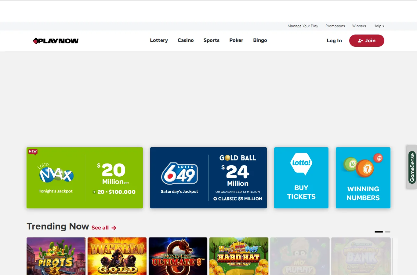 PlayNow.com homepage, the licensed online gambling platform for Saskatchewan players