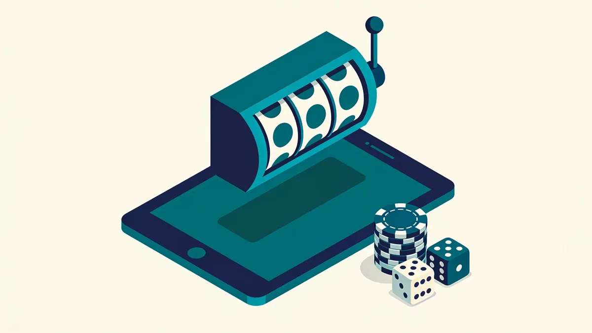 Isometric illustration of a slot machine reel above a tablet with casino chips and dice